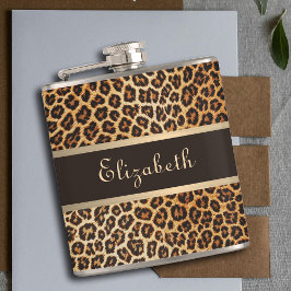 Leopard Animal Print Bruin & Gouden Streep Glamour Heupfles