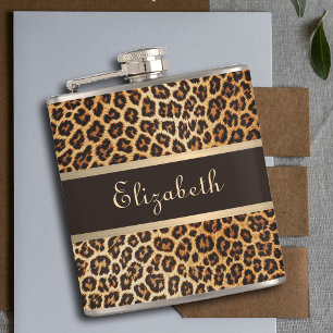 Leopard Animal Print Bruin & Gouden Streep Glamour Heupfles