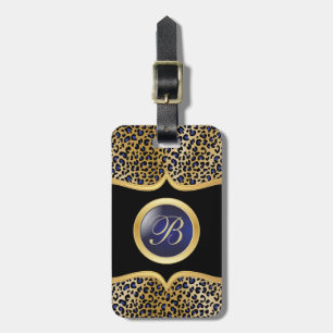 Leopard Animal Print DIY-monogram Goud en blau Bagagelabel