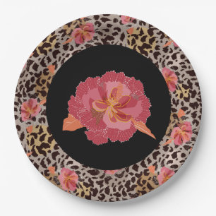 Leopard Animal Print en Roze Flowers op Black Papieren Bordje