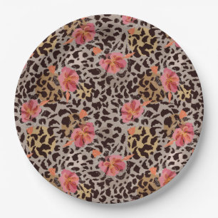 Leopard Animal Print en Roze Flowers Papieren Bordje
