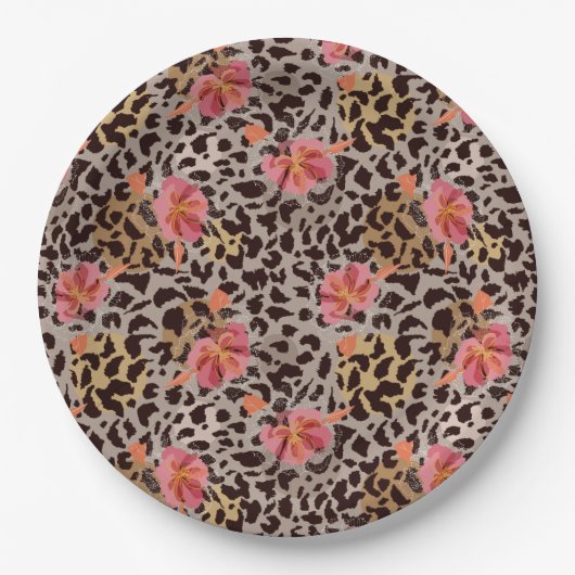 Leopard Animal Print en Roze Flowers Papieren Bordje (Voorkant)