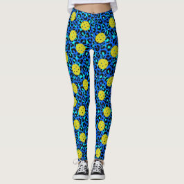 Leopard Animal Print Fun Blue Yellow Pickleball Leggings