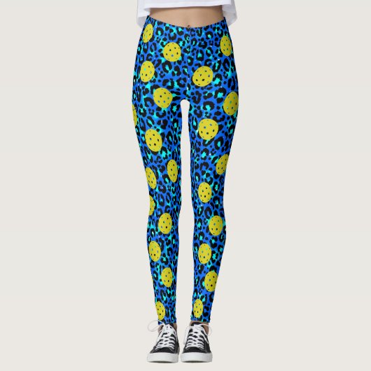Leopard Animal Print Fun Blue Yellow Pickleball Leggings (Voorkant)