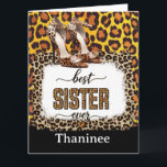 Leopard Animal Print Kaart voor Sister – Stijlvol<br><div class="desc">Show je zus wat liefde met onze Leopard Animal Print Kaart, de perfecte manier om haar verjaardag of een speciale gelegenheid te vieren. Met een gedurfd, chique luipaardprintontwerp kan deze kaart worden gepersonaliseerd met een aangepast bericht, waardoor het een unieke en doordachte manier is om je gevoelens te uiten. Of...</div>