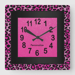 Leopard Animal Print met Hot Pink en Black Vierkante Klok