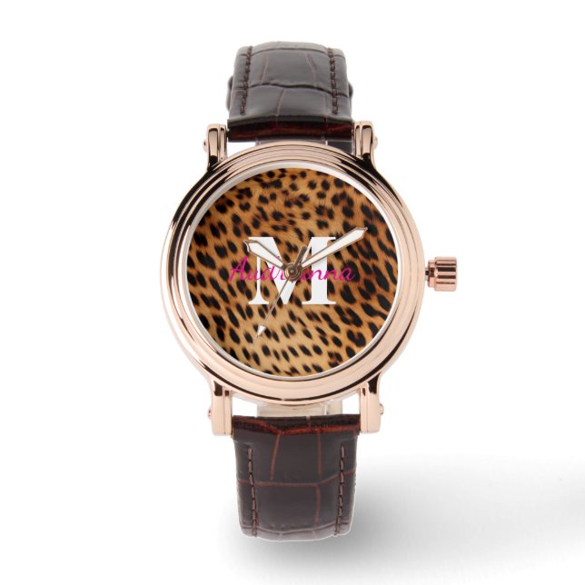Leopard Animal Print Monogram Horloge (Voorkant)