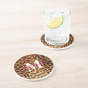 Leopard Animal Print Monogram Zandsteen Onderzetter