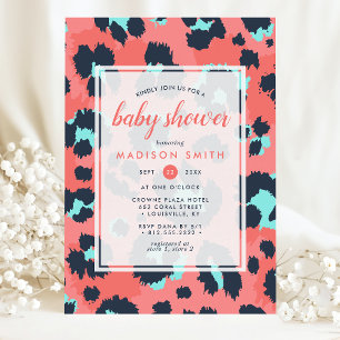 Leopard Animal Print Pink Navy Girl Baby shower Kaart