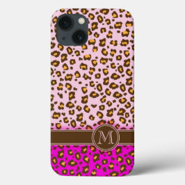 Leopard animal print roze monogram draagtas iPhone 13 hoesje
