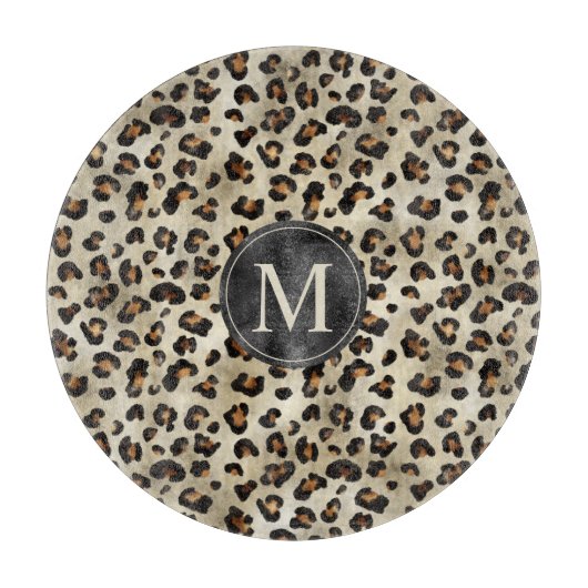 Leopard Animal Print With Black Faux Foil Monogram Snijplank (Voorkant)