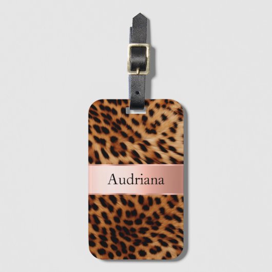 Leopard Animal Roos Pink Ribbon Naam Bagagelabel (Voorkant (verticaal))