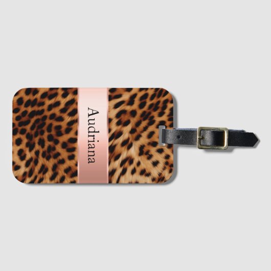 Leopard Animal Roos Pink Ribbon Naam Bagagelabel (Voorkant (horizontaal))
