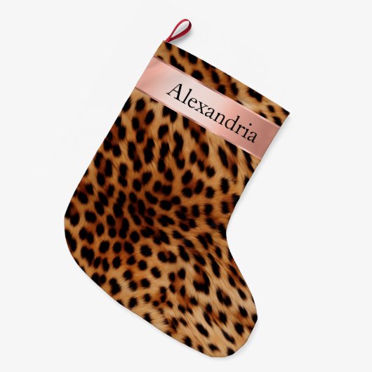 Leopard Animal Roos Pink Ribbon Naam Grote Kerstsok (Voorkant (Hangend))