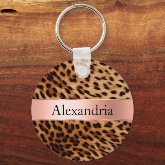 Leopard Animal Roos Pink Ribbon Naam Sleutelhanger (Voorkant)
