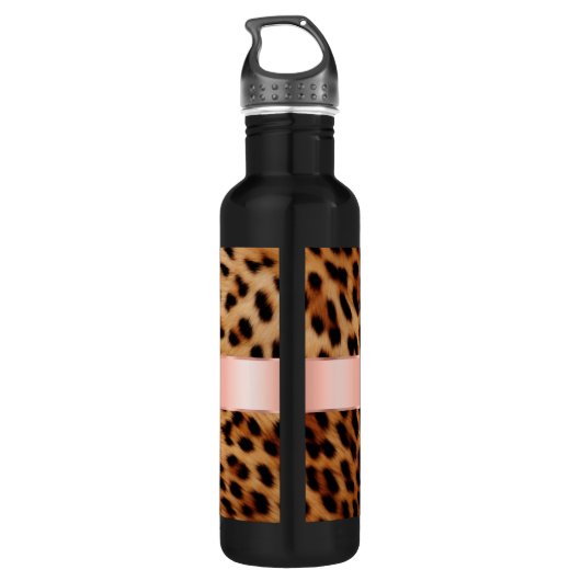 Leopard Animal Roos Pink Ribbon Naam Waterfles (Achterkant)