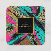 ** Leopard AP93 Abstract Dier Neon Gold Bold Vierkante Visitekaartje (Voorkant)