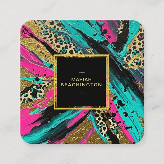 ** Leopard AP93 Abstract Dier Neon Gold Bold Vierkante Visitekaartje (Voorkant)