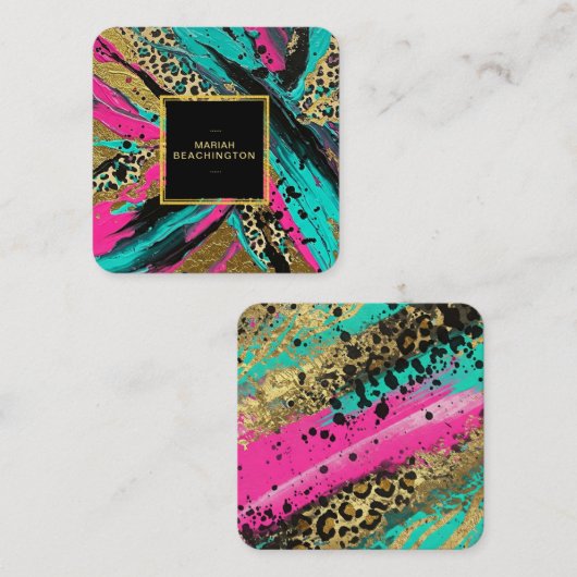 ** Leopard AP93 Abstract Dier Neon Gold Bold Vierkante Visitekaartje (Voorkant / Achterkant)