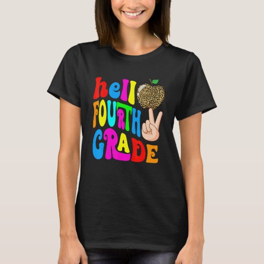 Leopard Apple Hello 4th Grade Teacher Kids Back To T-shirt (Voorkant)