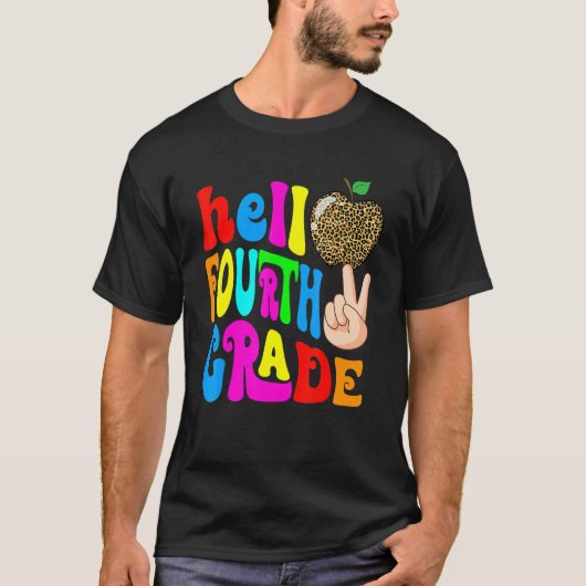 Leopard Apple Hello 4th Grade Teacher Kids Back To T-shirt (Voorkant)