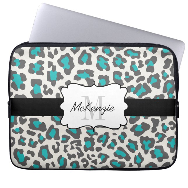 Leopard Aqua Gray White Neopree Laptop Slapje Laptop Sleeve (Voorkant)