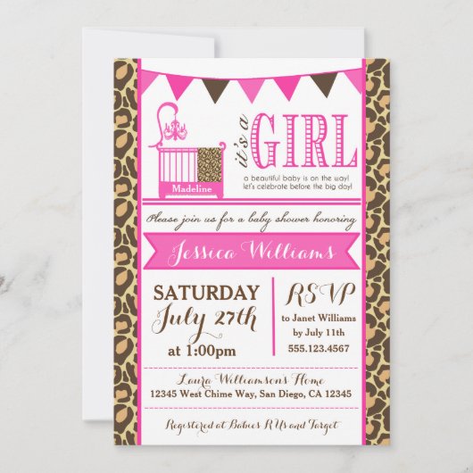 Leopard Baby shower Invitation for Baby Girls Kaart (Voorkant)