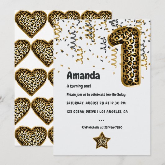 Leopard Balloon 1e verjaardag Uitnodiging (Voorkant / Achterkant)