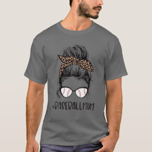 Leopard Baseball Mam Messy Bun Game Day Mothers Da T-shirt