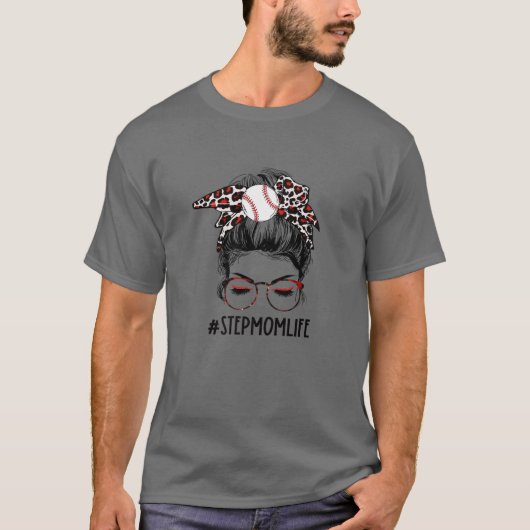 Leopard Baseball Stepmam Life Messy Bun Game Day M T-shirt (Voorkant)