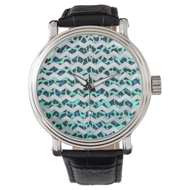Leopard Black en Blauwgroen afdrukken Horloge (Voorkant)