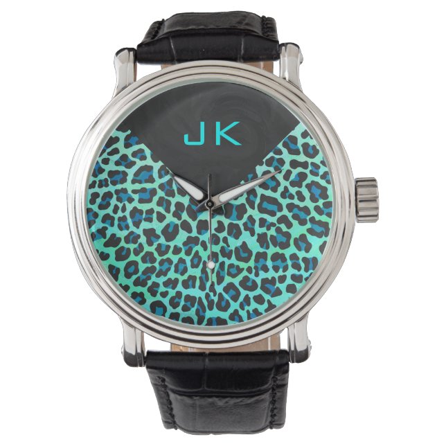 Leopard Black en Blauwgroen afdrukken Horloge (Voorkant)