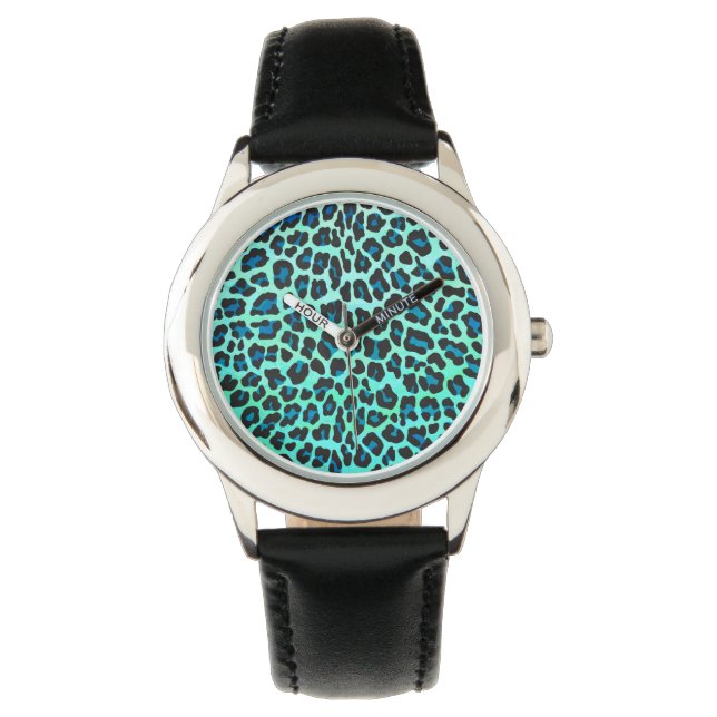 Leopard Black en Blauwgroen afdrukken Horloge (Voorkant)
