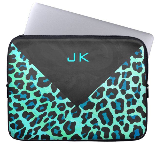 Leopard Black en Blauwgroen afdrukken Laptop Sleeve (Voorkant)