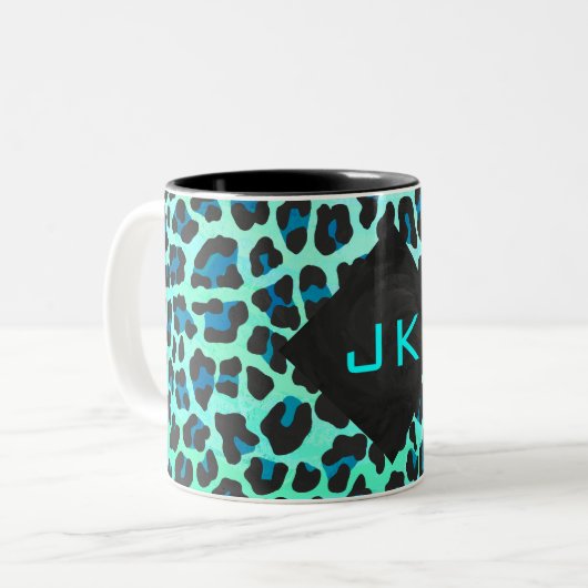 Leopard Black en Blauwgroen afdrukken Tweekleurige Koffiemok (Voorkant links)