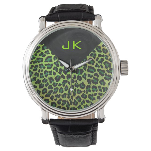 Leopard Black en Green met Monogram Horloge (Voorkant)