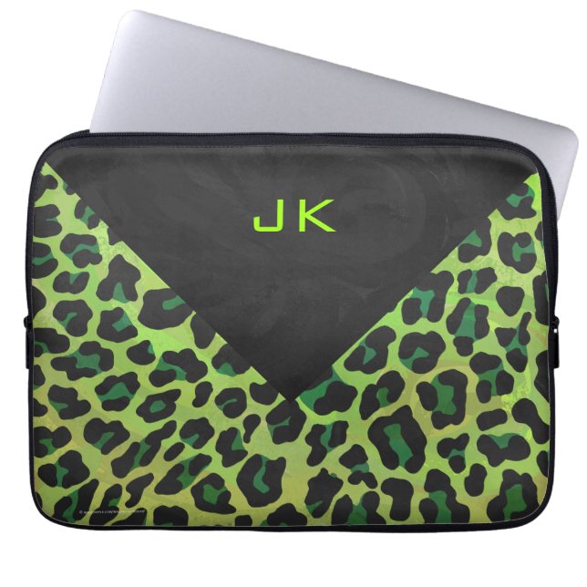 Leopard Black en Green met Monogram Laptop Sleeve (Voorkant)