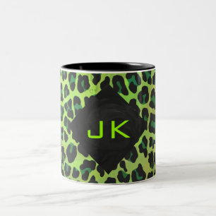 Leopard Black en Green met Monogram Tweekleurige Koffiemok