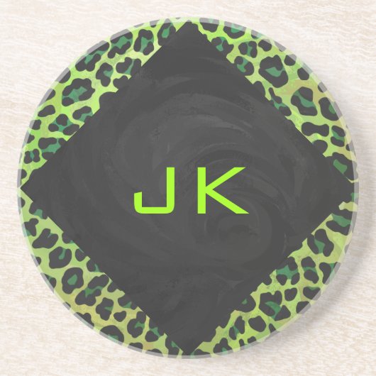 Leopard Black en Green met Monogram Zandsteen Onderzetter (Voorkant)