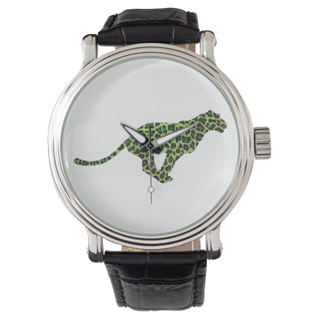 Leopard Black en Green Silhouette Horloge (Voorkant)