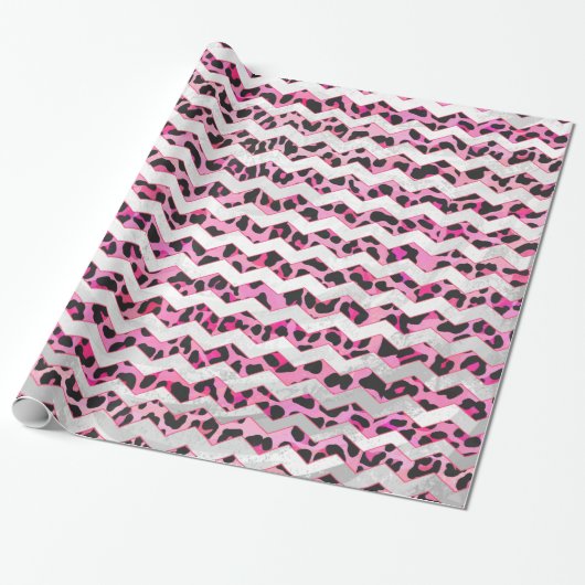 Leopard Black en Hot Pink Chevron Print Cadeaupapier (Uitgerold)
