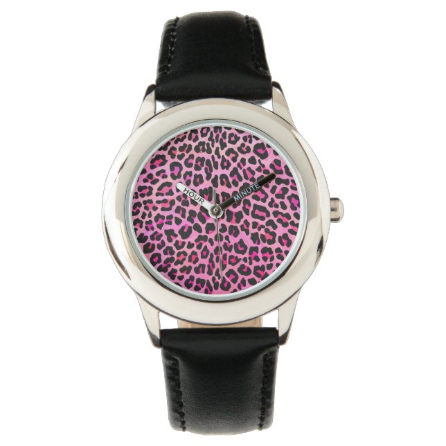 Leopard Black en Hot Pink Print Horloge (Voorkant)