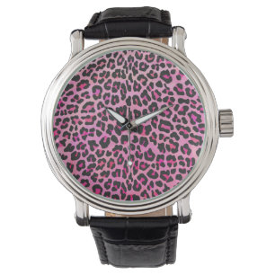 Leopard Black en Hot Pink Print Horloge