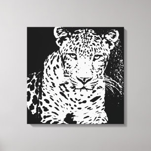 Leopard Black en White Portrait Wrapped Canvas Afdruk