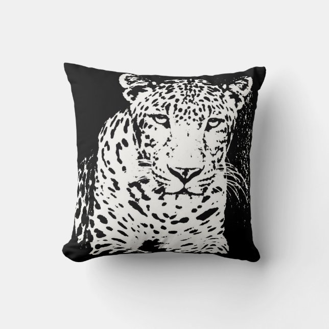 Leopard Black en White Portret Pillow Kussen (Voorkant)