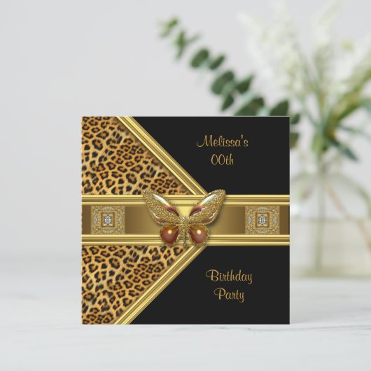 Leopard Black Gold Butterfly Afbeelding Birthday P Kaart (Staand voorkant)