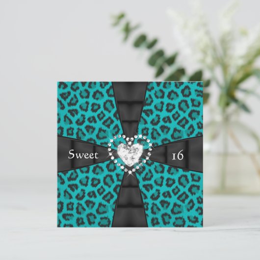 Leopard Blauwgroen Sweet 16 Zestien Birthday Party Kaart (Staand voorkant)