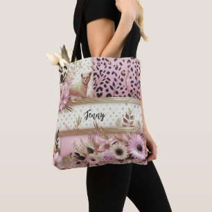 Leopard Bloemen Roze Goud Gepersonaliseerd Tote Bag