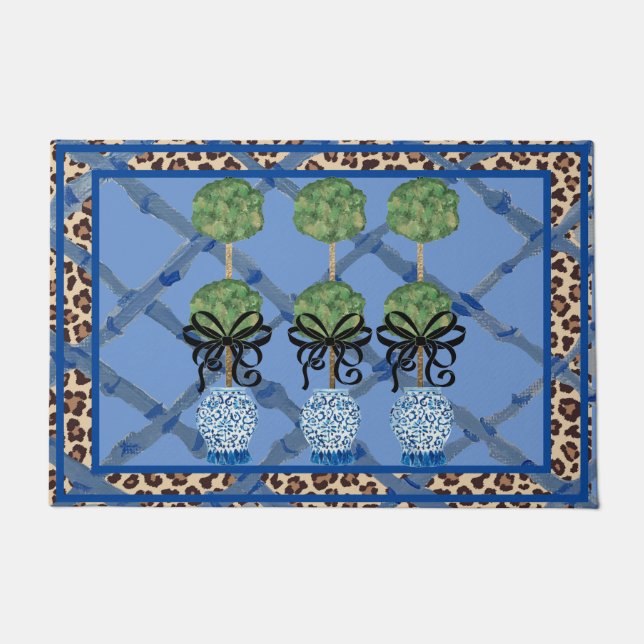 Leopard Blue Bamboo Chinoiserie Ginger Jar Doormat Deurmat (Voorkant)