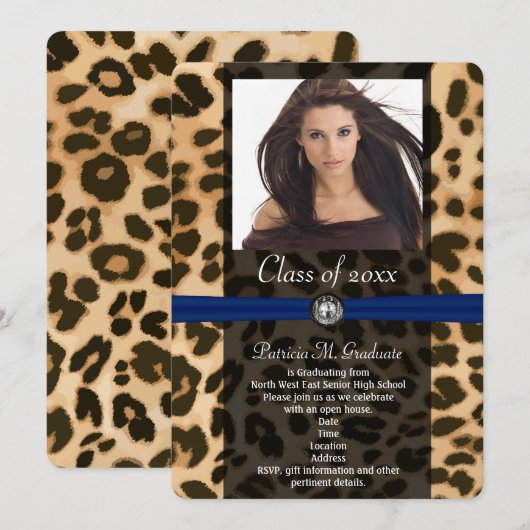 Leopard Blue Ribbon Foto Afstuderen Kaart (Voorkant / Achterkant)